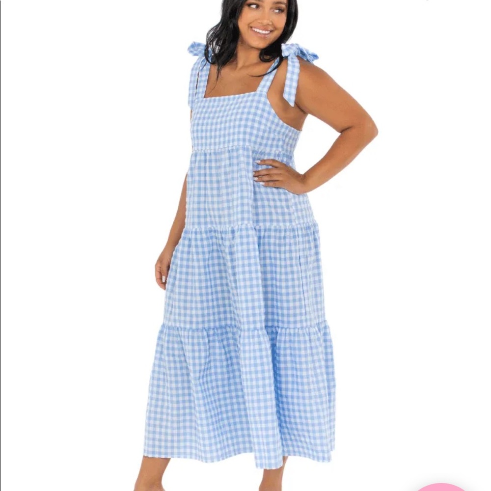 NWT Blue Gingham Tiered Midi Dress Medium